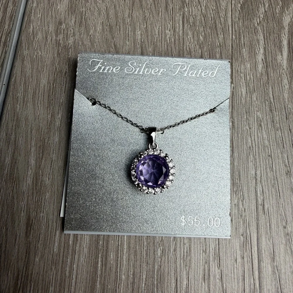 Fine Silver Plated Purple Amethyst Halo Pendant Necklace Round Crystal New